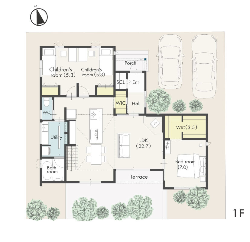 平屋+ロフトの1階間取り図(LDK22.7帖)
