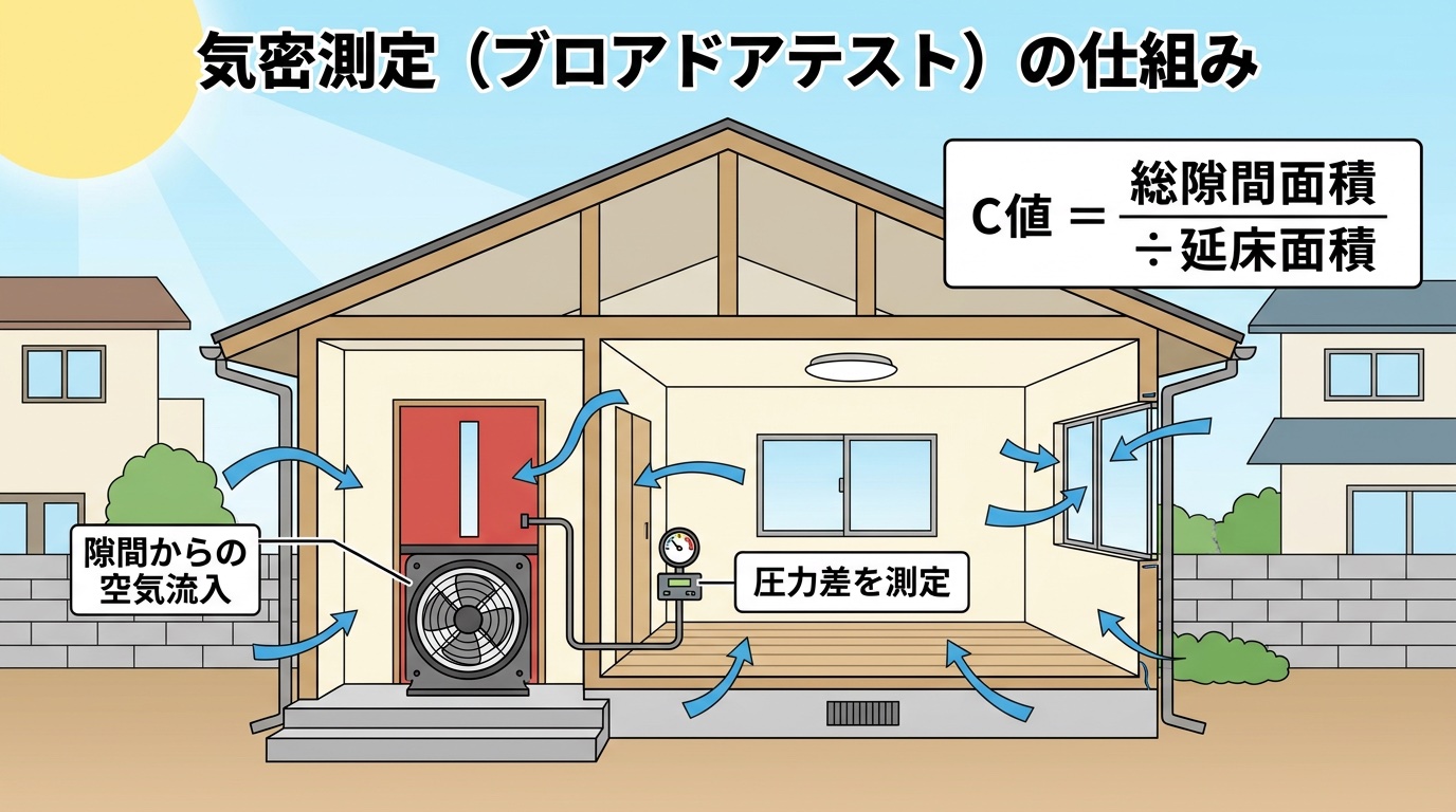 気密測定（ブロアドアテスト）の仕組み図解