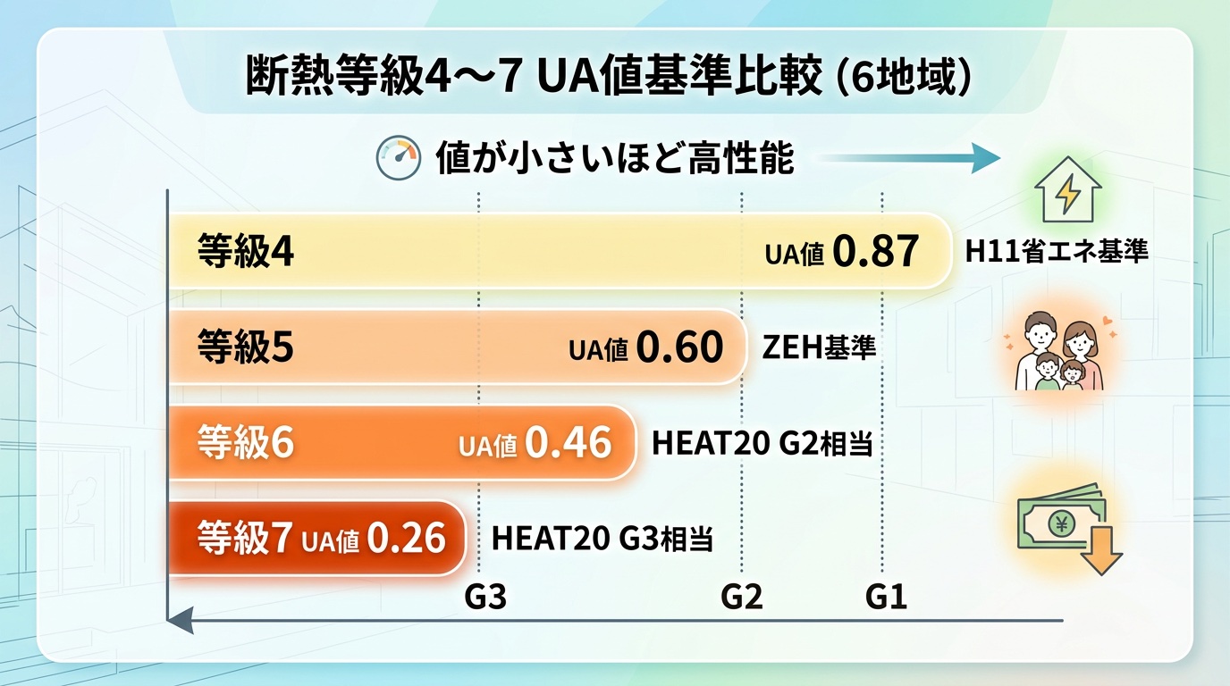 断熱等級4〜7のUA値基準比較チャート