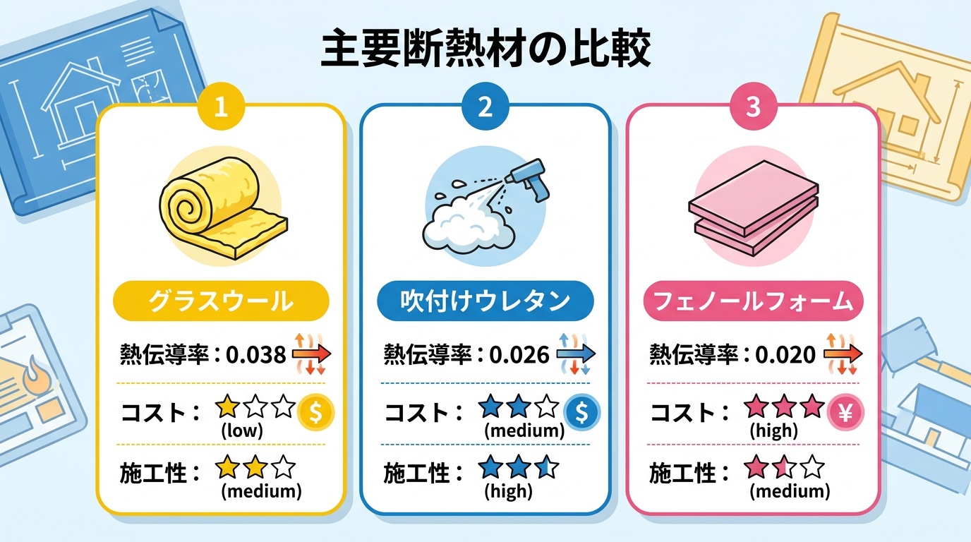 主要断熱材3種類の特徴比較（グラスウール・吹付ウレタン・フェノールフォーム）
