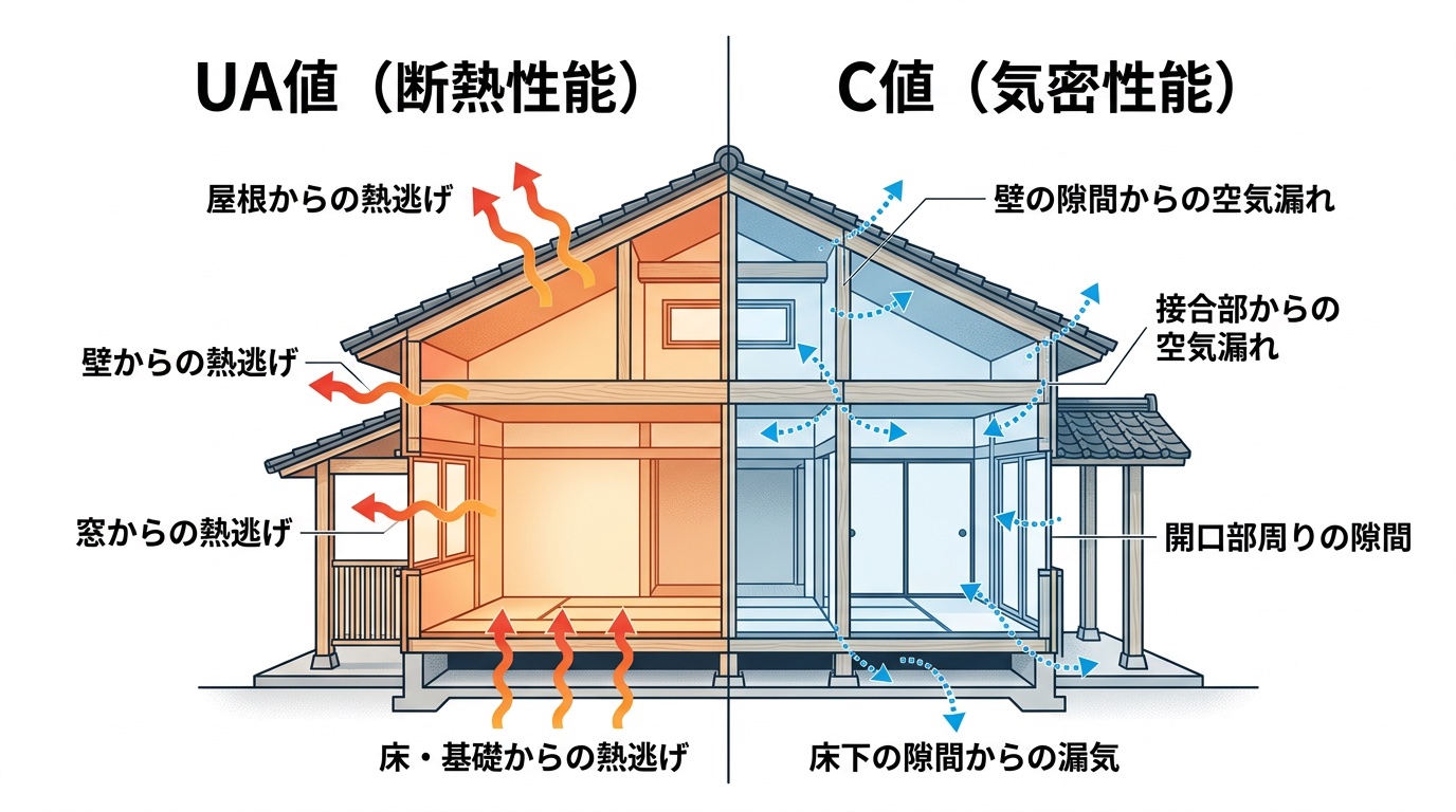 UA値（断熱性能）とC値（気密性能）の概念図