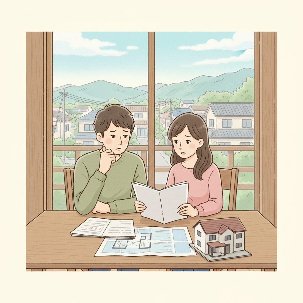 Worried couple reviewing construction documents