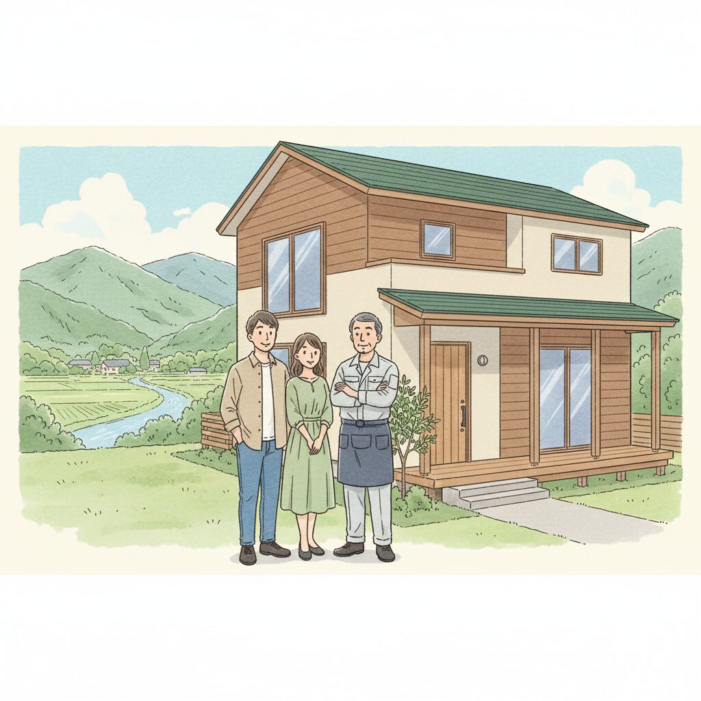 Happy couple with architect and completed house