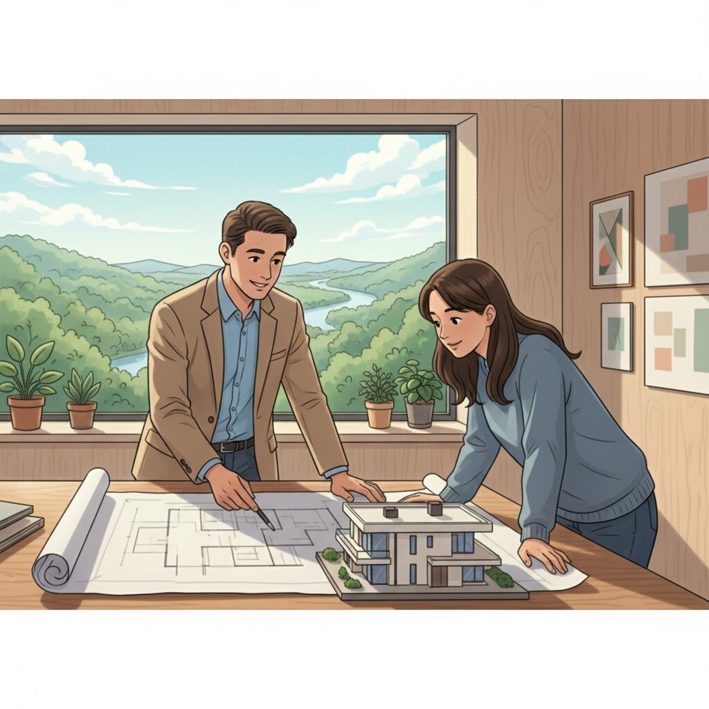 工務店との家づくり相談イラスト