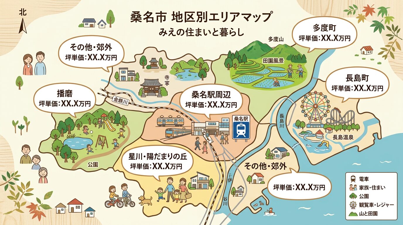 桑名市の地区別エリアマップと坪単価の図解イラスト