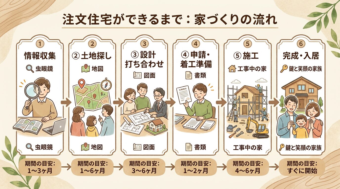 桑名市で注文住宅を建てる流れを示すステップ図解