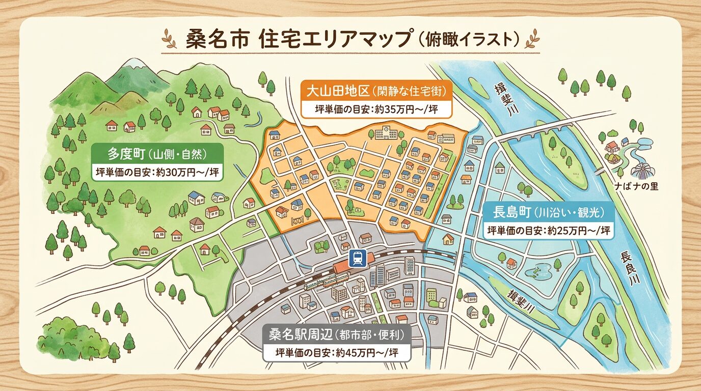 桑名市の多度町・長島町・大山田地区のエリアマップ