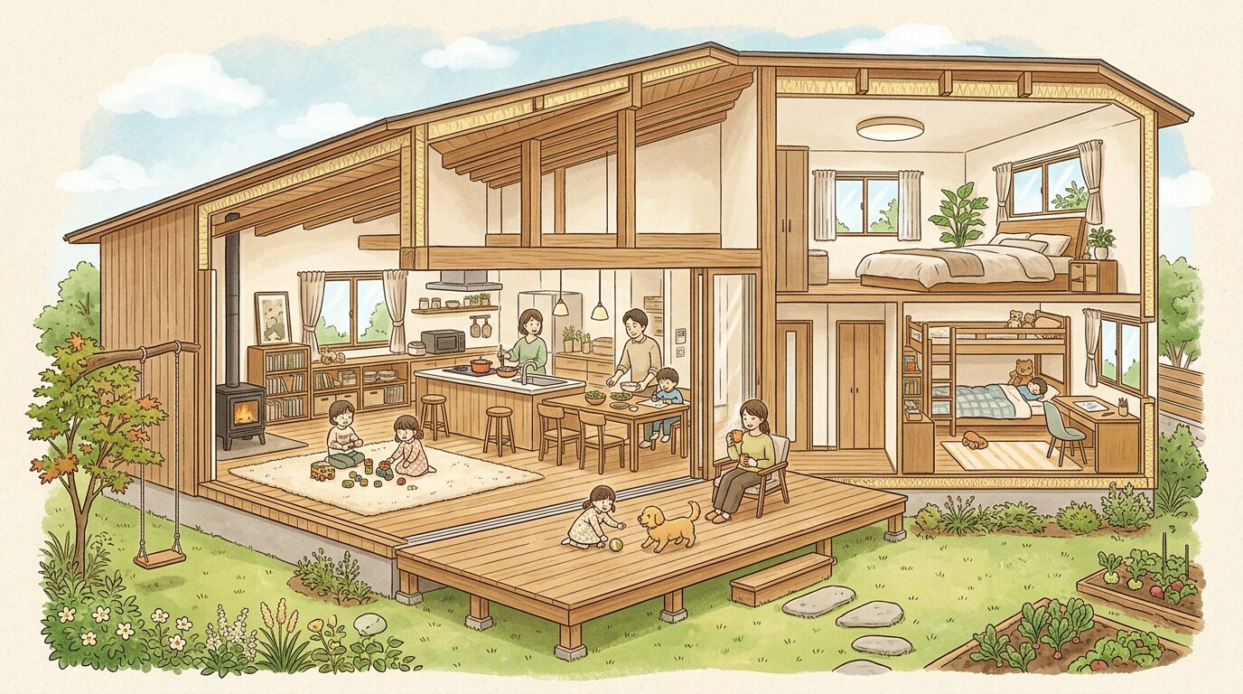 平屋住宅の間取りと家族の暮らしイメージ