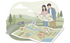 Couple looking at land plot map illustration