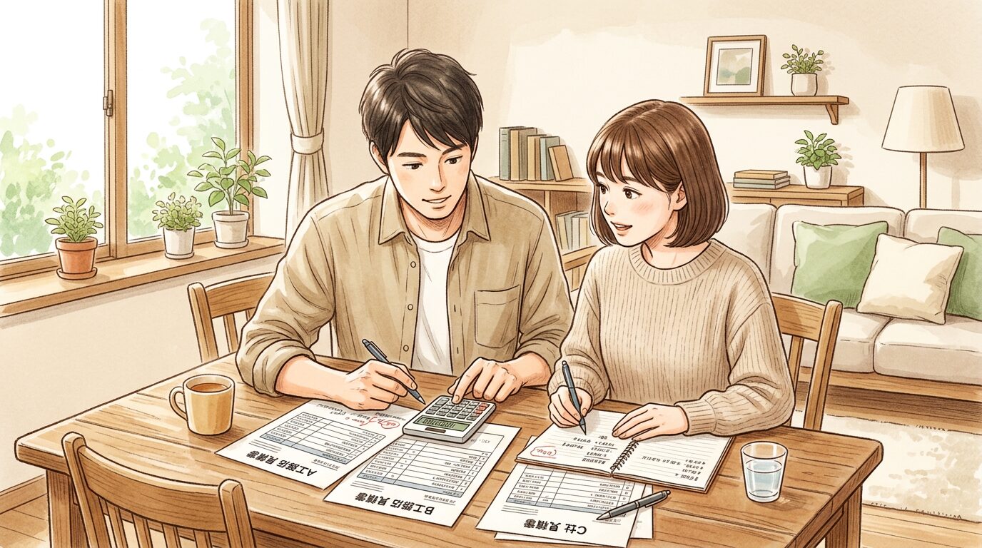 工務店で見積もりを比較する夫婦のイラスト