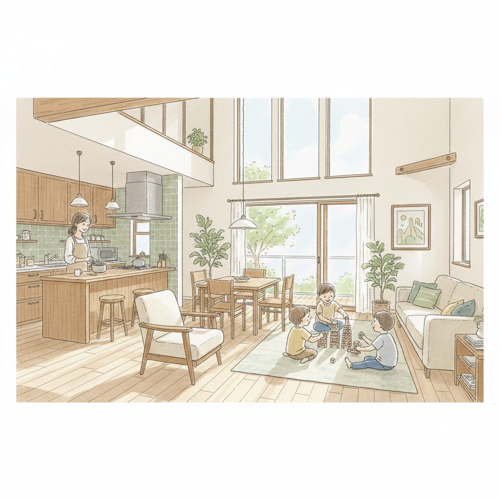 明るいLDKで過ごす家族のイラスト