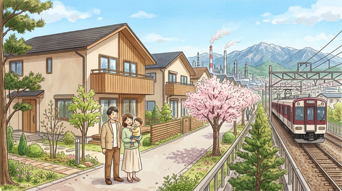 四日市市で注文住宅を建てた家族と住環境のイラスト