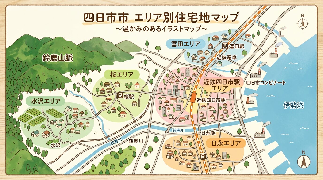 四日市市のエリア別土地相場と特徴を示すマップイラスト
