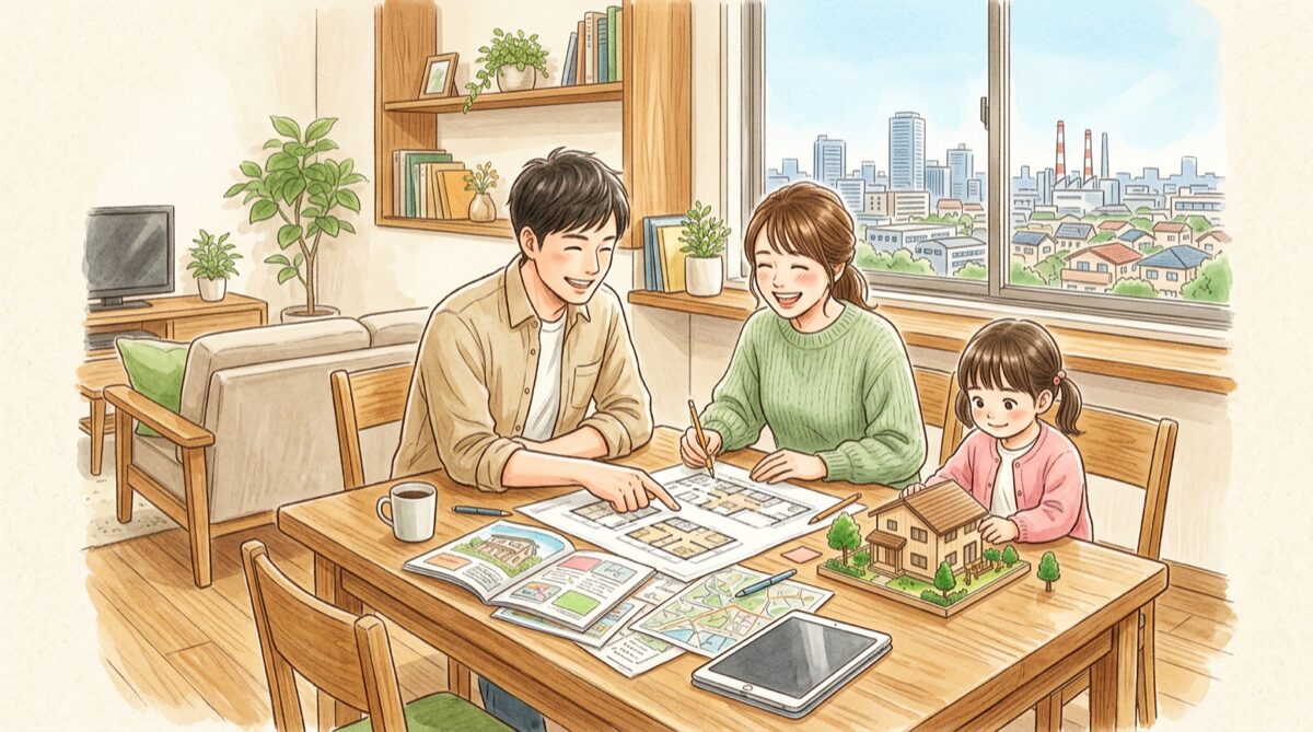 四日市市で注文住宅の工務店を比較している家族のイラスト