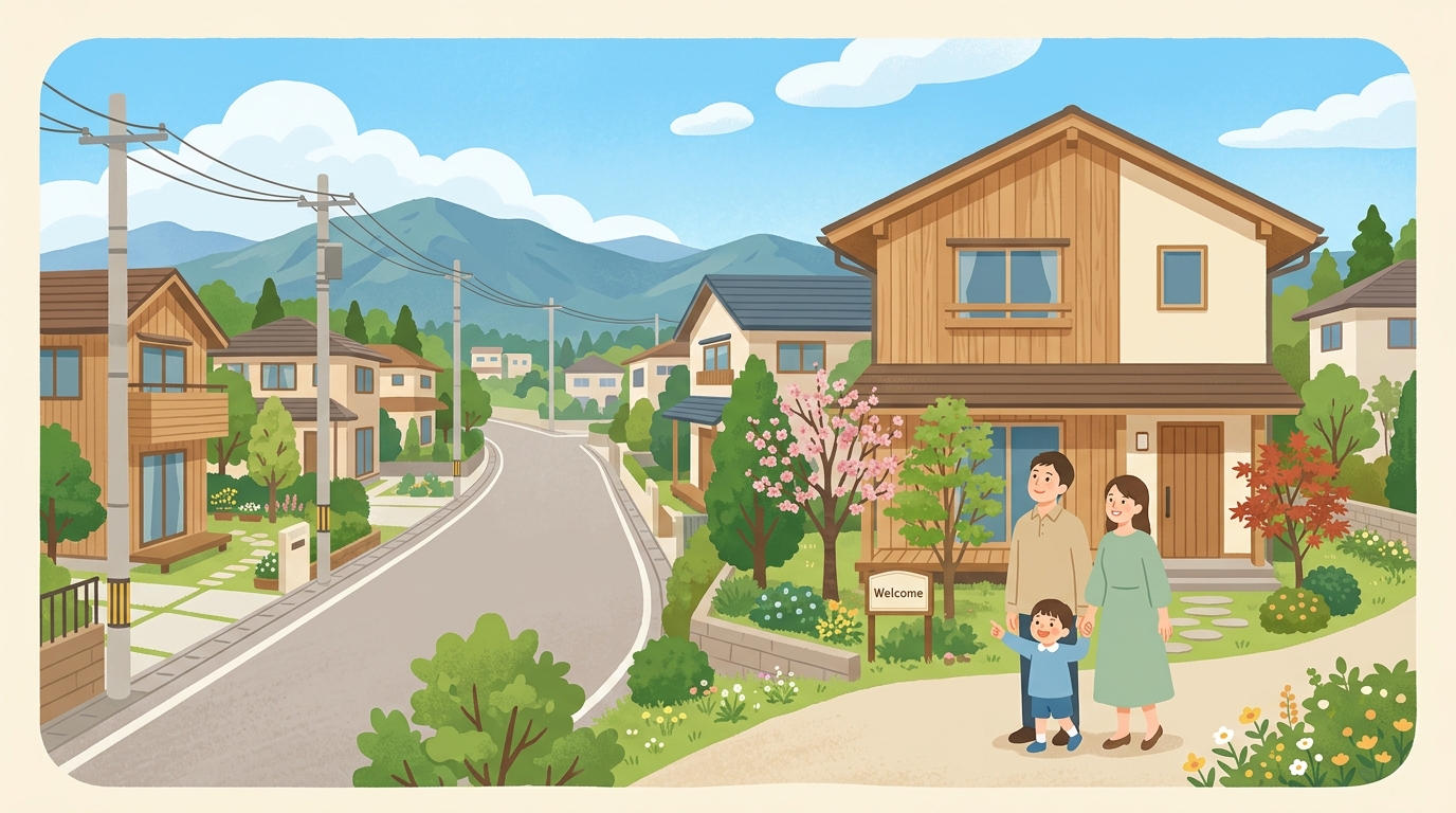 三重県郊外の住宅街で新居を見る家族のイラスト
