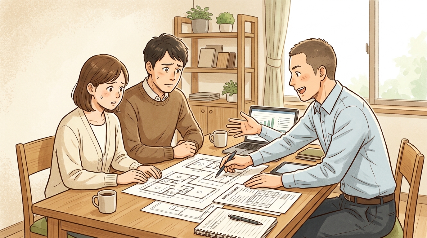 注文住宅の打ち合わせで施主と営業担当が話し合うイラスト