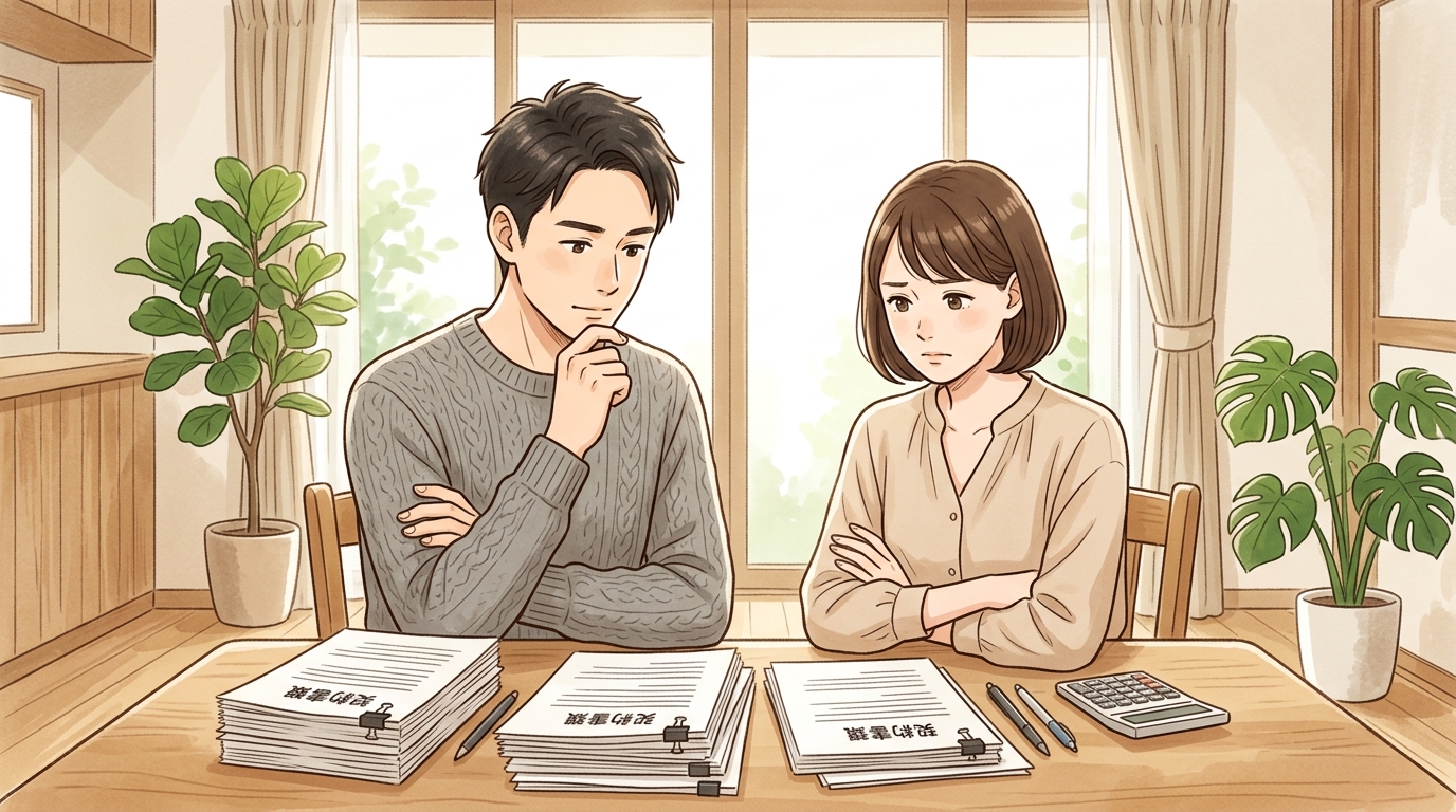 注文住宅の契約書を前に悩んでいる施主のイラスト