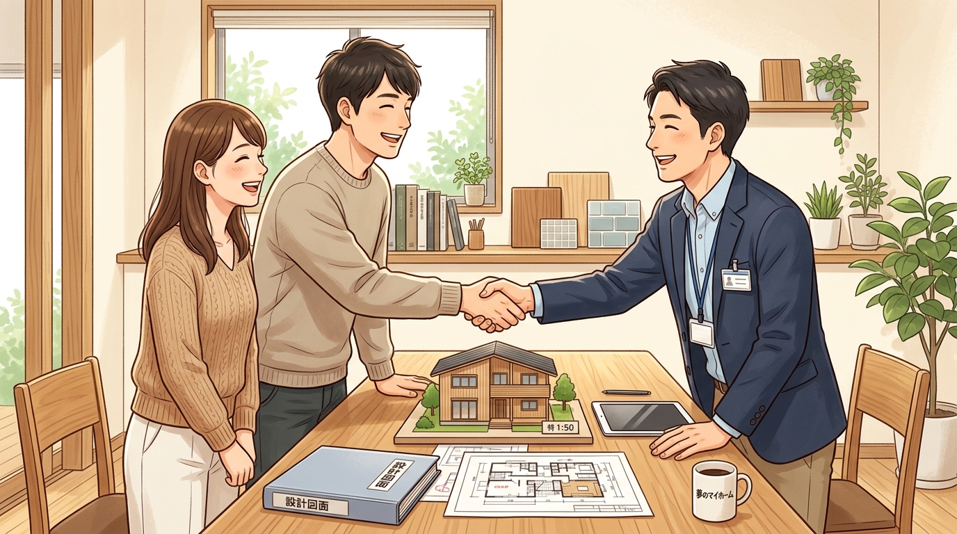 注文住宅の打ち合わせで握手する施主と工務店担当者のイラスト