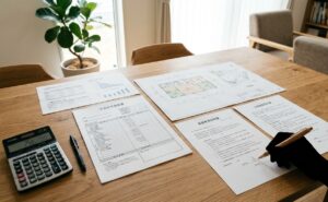 注文住宅の見積書・契約書・図面が並ぶ打ち合わせ机のフォト