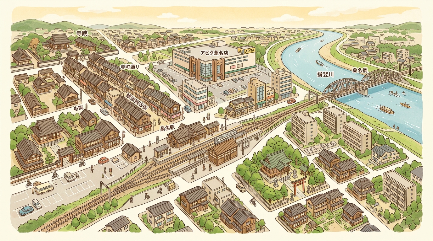 桑名駅周辺の徒歩圏の商業エリアと住宅地を俯瞰したイラスト