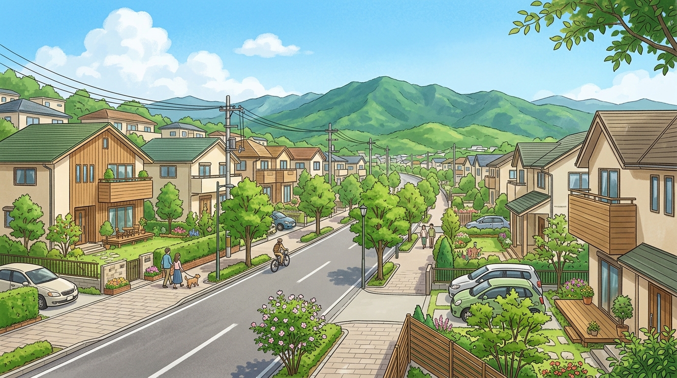 桑名市大山田の高台ニュータウンの住宅街イラスト