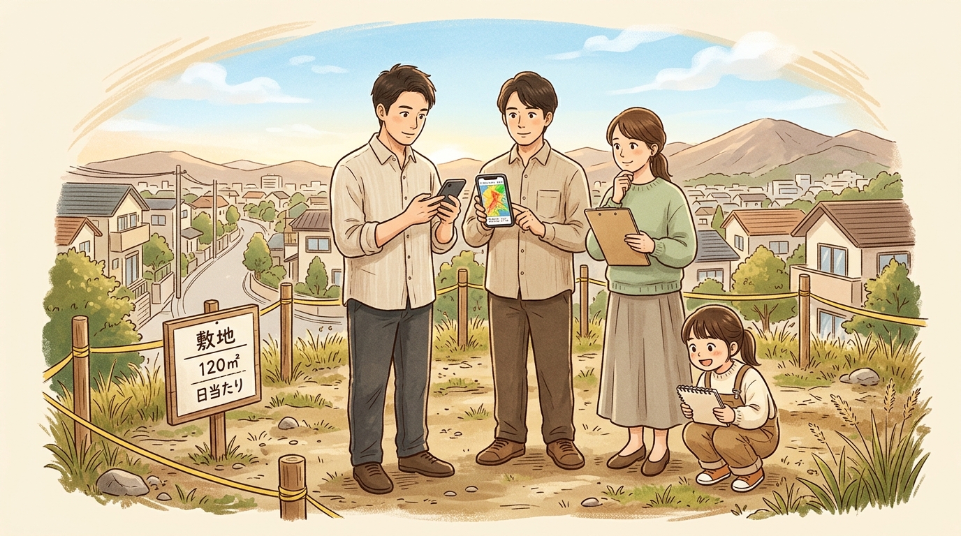 家族で空き地の現地確認をしているイラスト