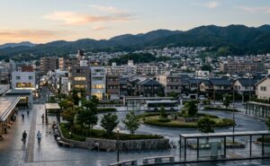桑名駅前と住宅街・丘陵地を望むフォトリアルなアイキャッチ画像