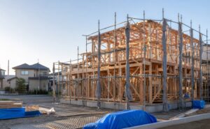 建築中の木造住宅と足場の写真風画像