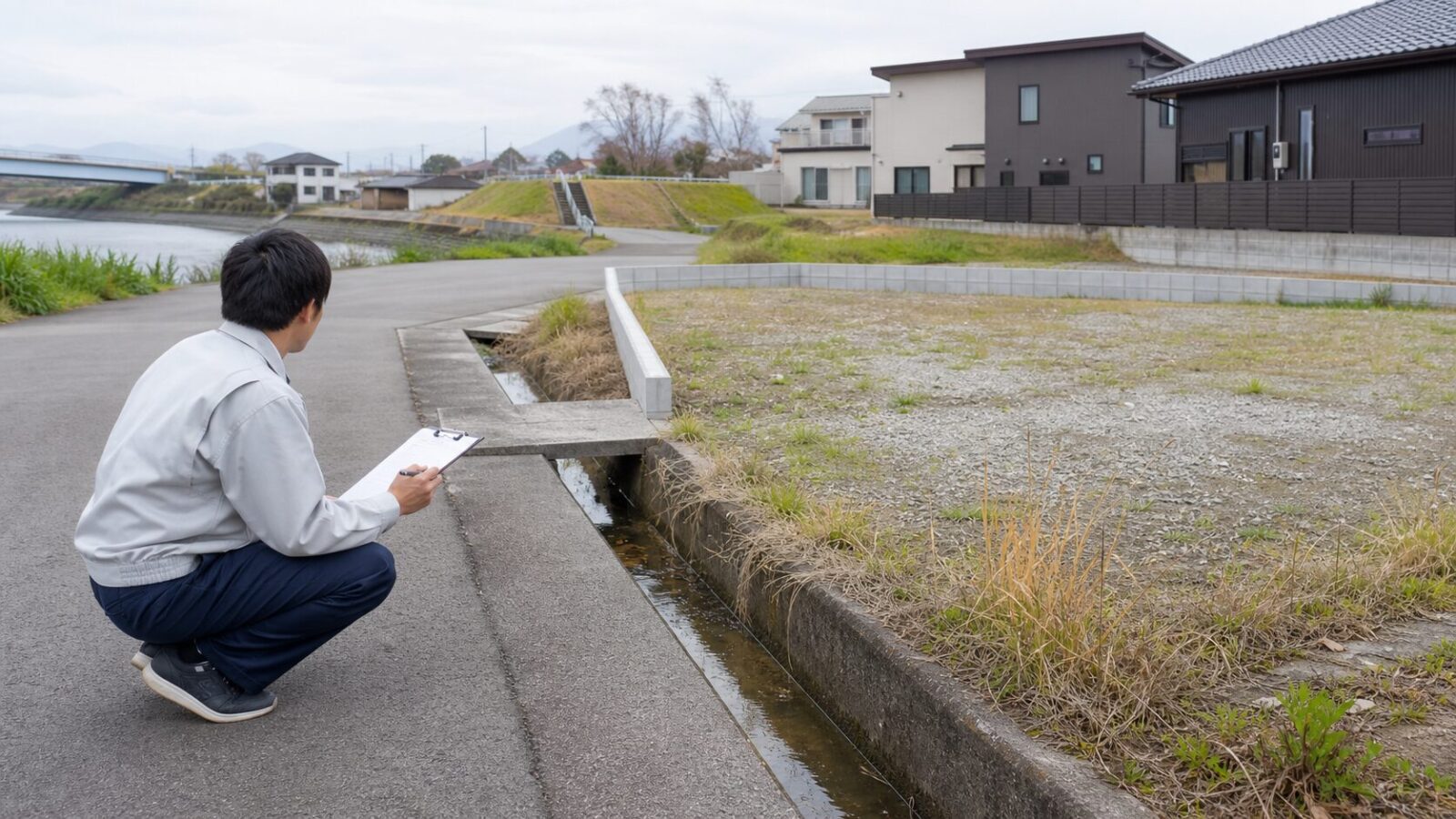 桑名市の住宅用地で排水路と側溝を確認する様子
