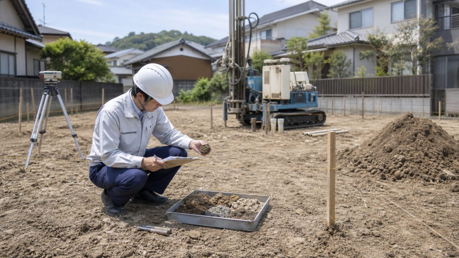 桑名市の注文住宅用地で地盤調査と土質確認を行う様子