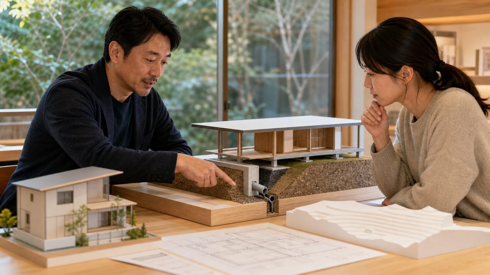 桑名市の土地条件に合わせて基礎高さと排水計画を相談する様子