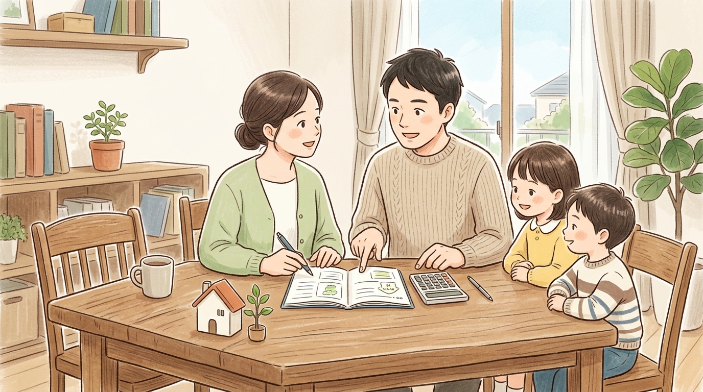 住宅ローンの資金計画を相談する家族