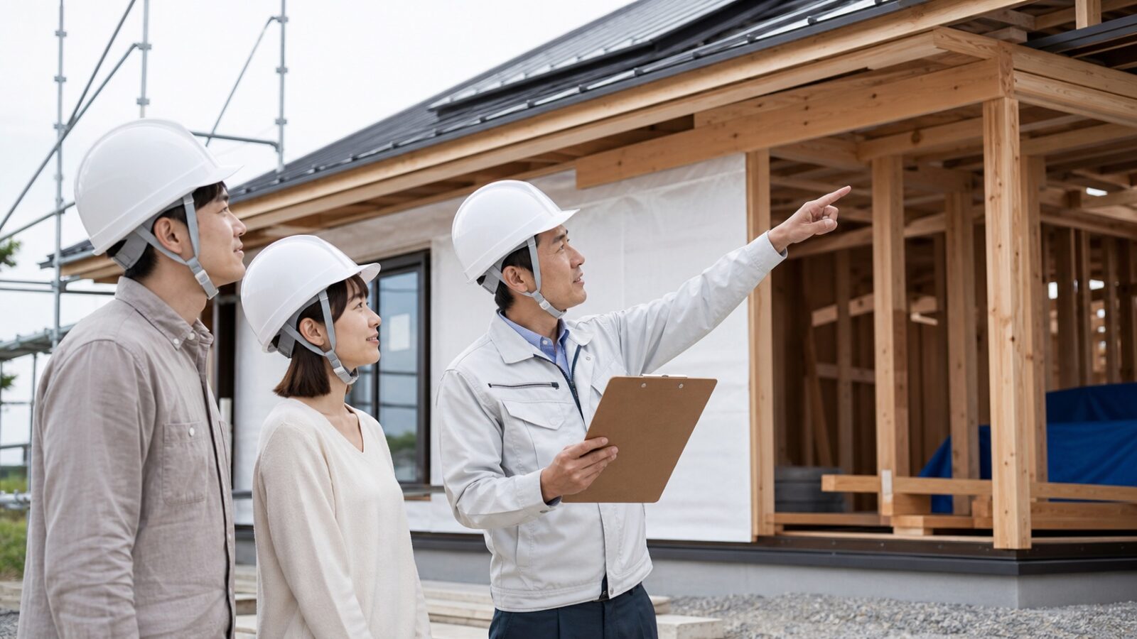 アエラホーム建築中の現場で施主と担当者が工程を確認する様子
