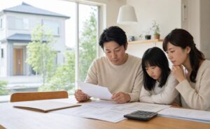 アエラホームの民事再生後に住宅図面と契約書を確認する家族