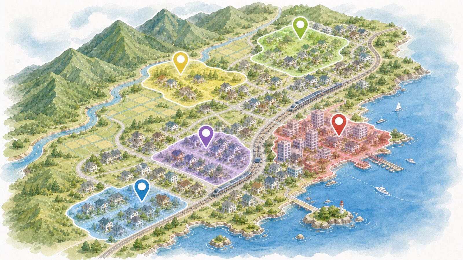 三重県の注文住宅で土地相場をエリア別に比較するイメージ図
