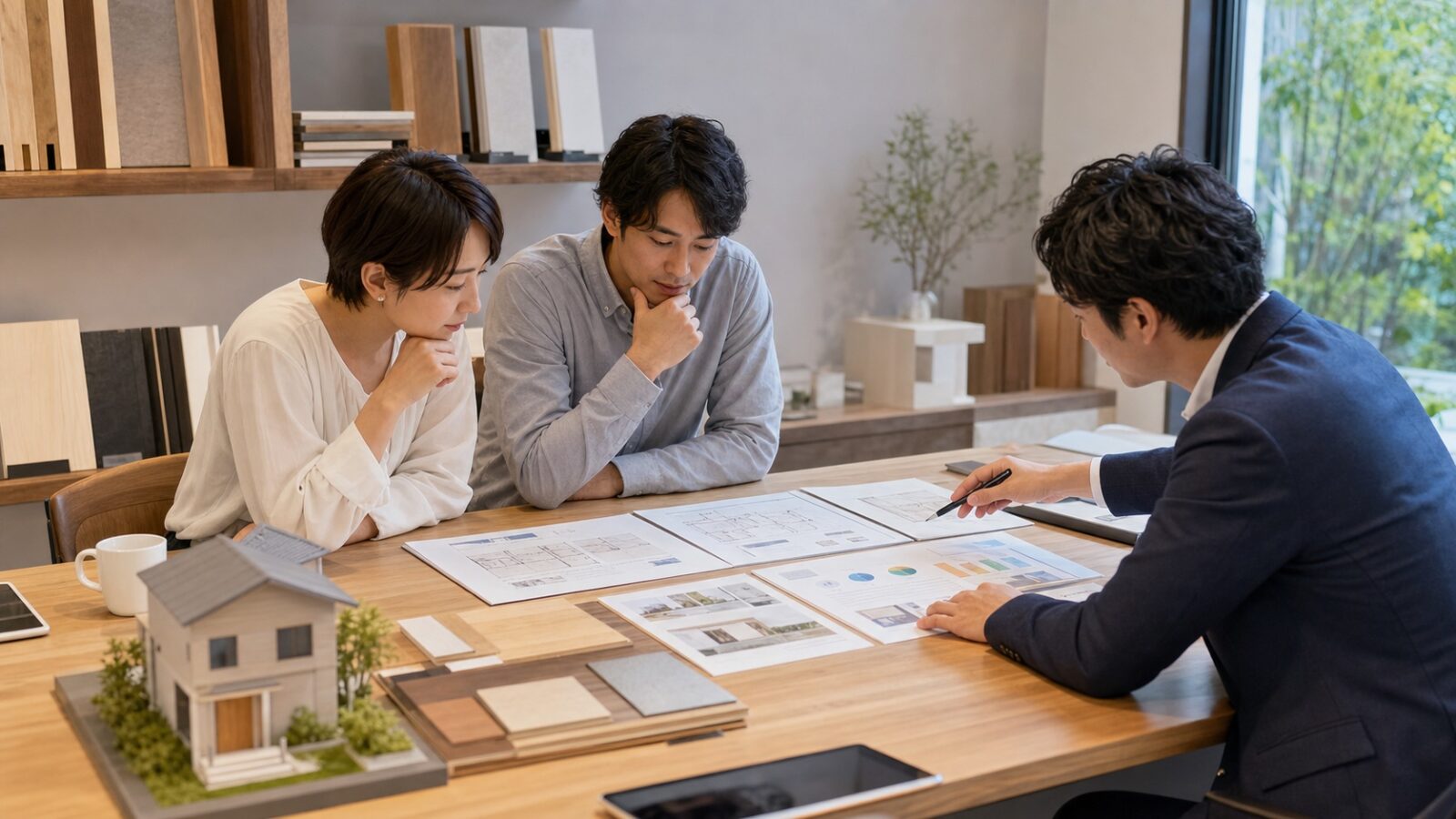 三重県の注文住宅で工務店とハウスメーカーを比較相談する様子