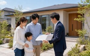 三重県で平屋の注文住宅を建てる相談をする家族