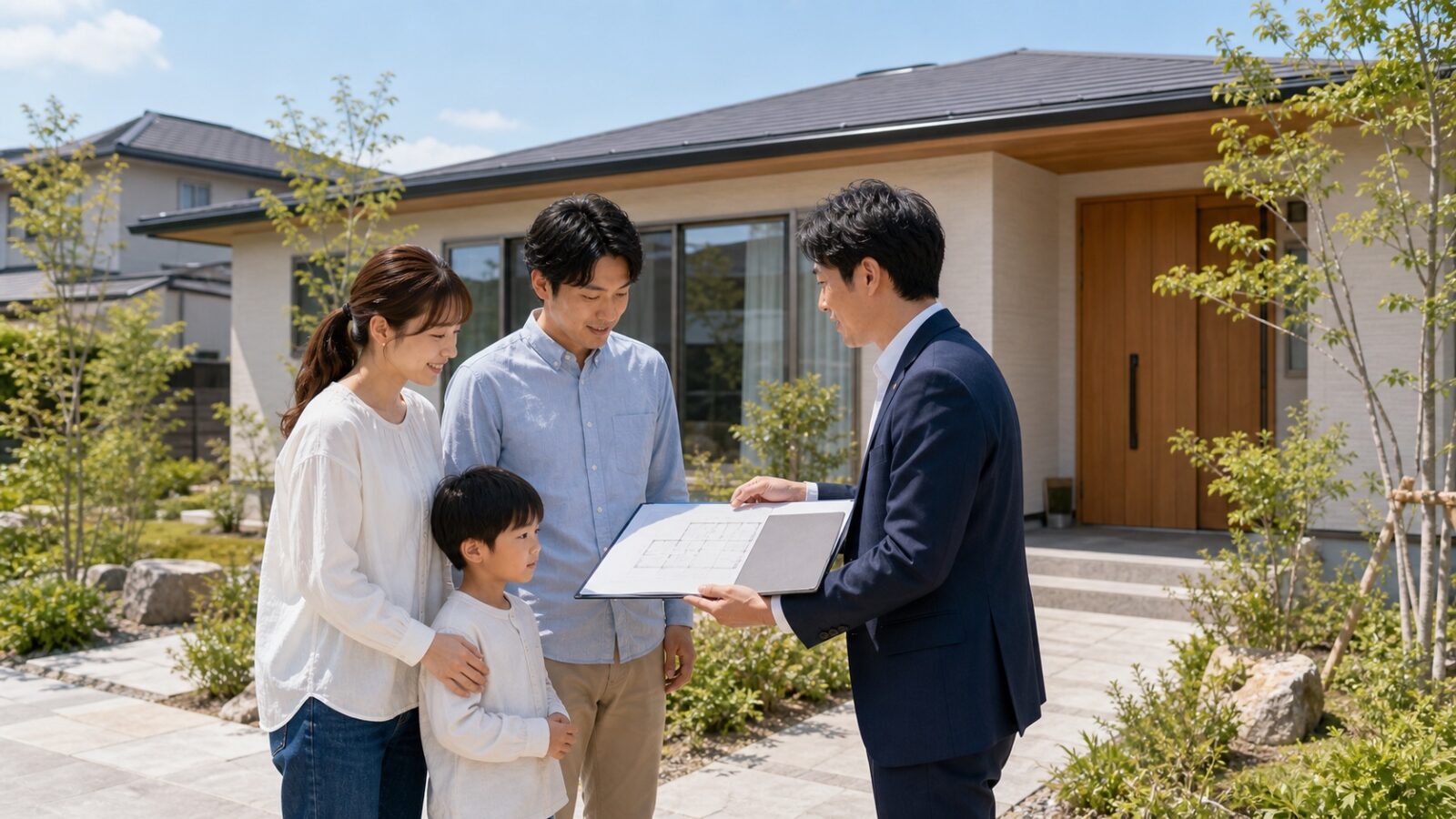 三重県で平屋の注文住宅を建てる相談をする家族