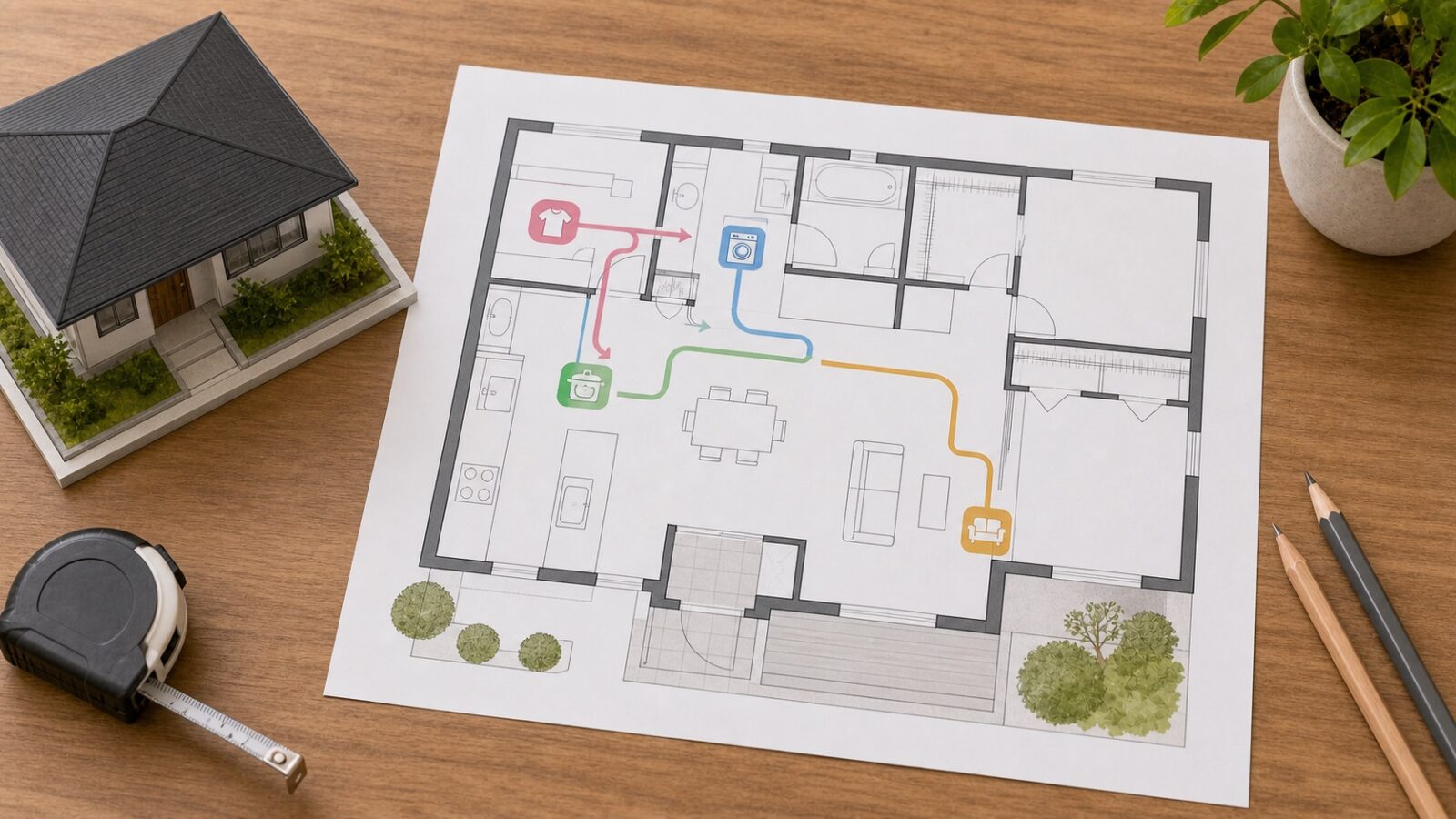 三重県の平屋注文住宅で家事動線を確認する間取り図