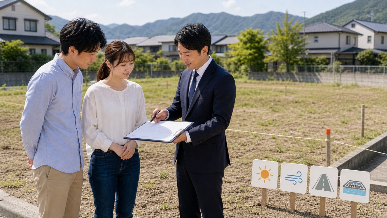 三重県で平屋向きの土地を現地で確認する様子