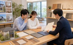 三重県で評判の良いハウスメーカーを展示場で比較相談する様子