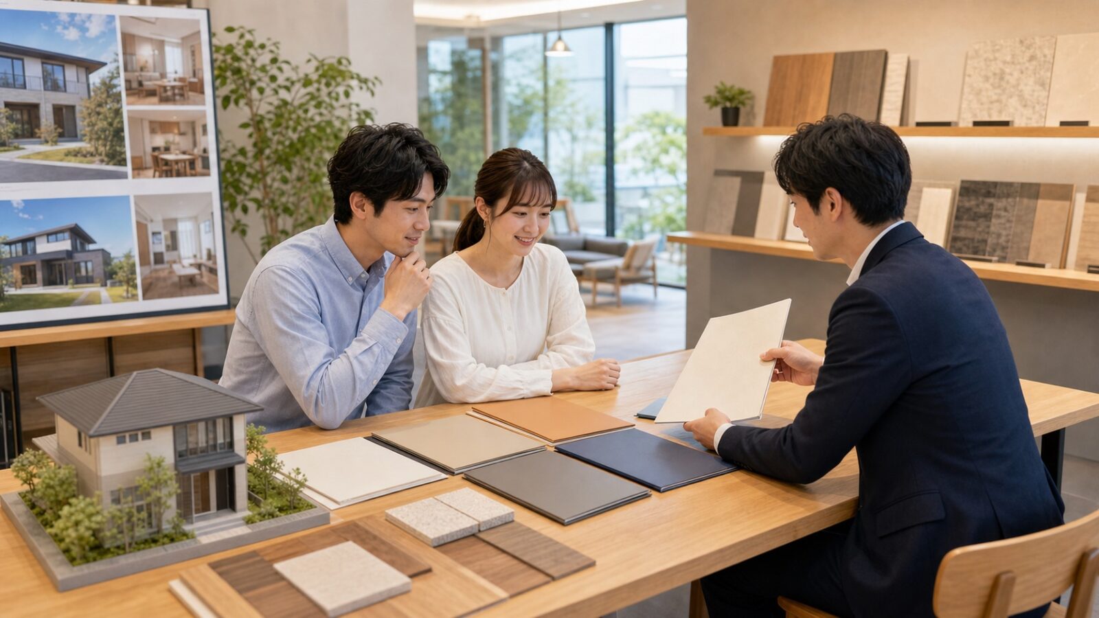三重県で評判の良いハウスメーカーを展示場で比較相談する様子