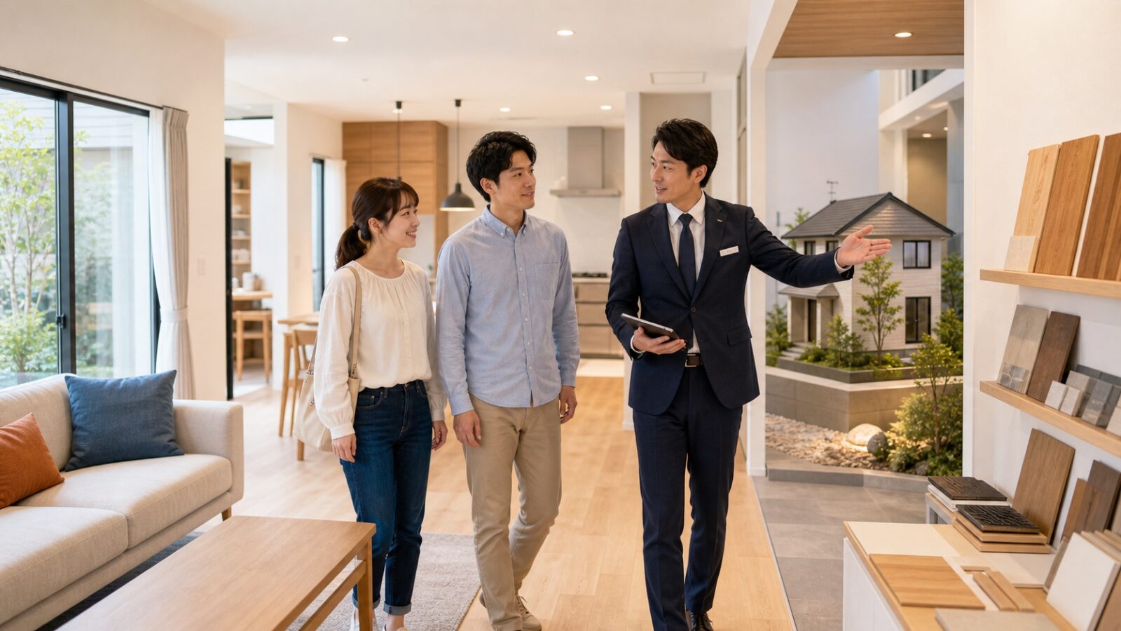三重県のモデルハウス展示場でハウスメーカーを比較する家族