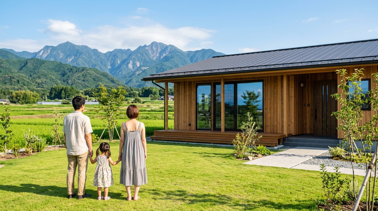 いなべ市の田園風景に建つ新築注文住宅と家族