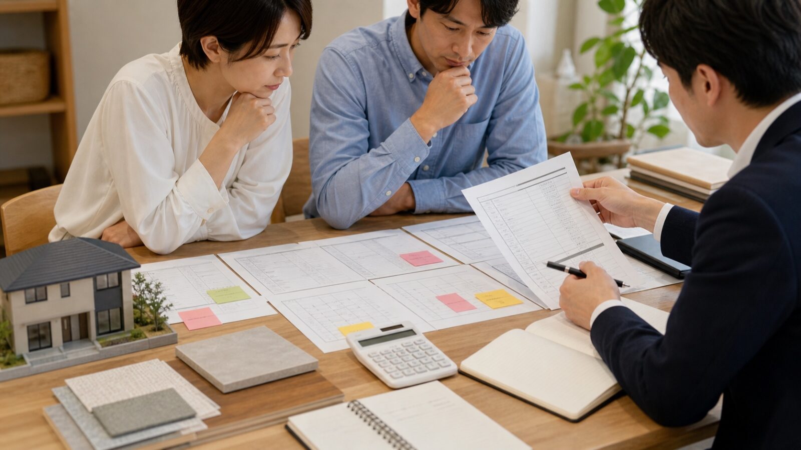 三重県の工務店選びで見積もり明細と追加費用を確認する様子