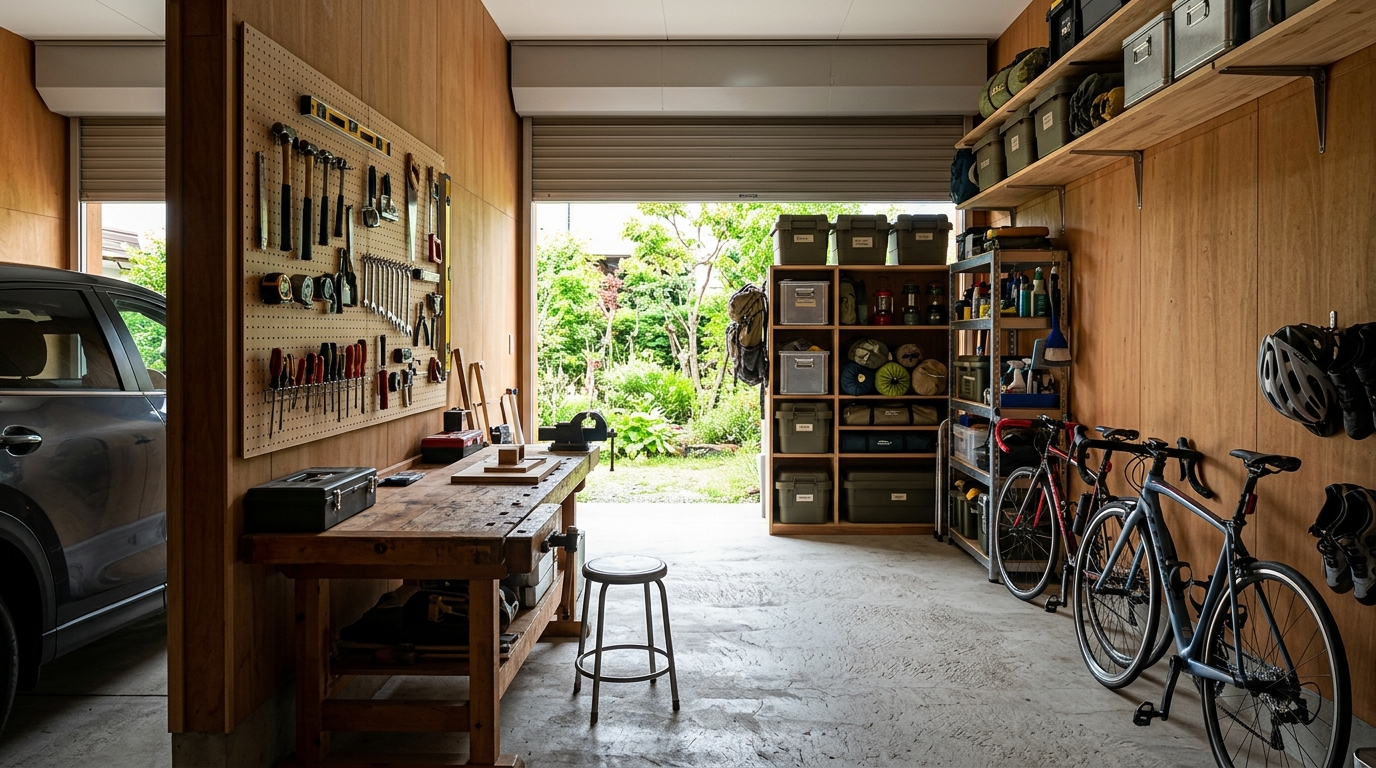 工具壁と作業台とロードバイクのあるビルトインガレージ内部