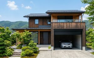 ビルトインガレージのある木質感の注文住宅の外観