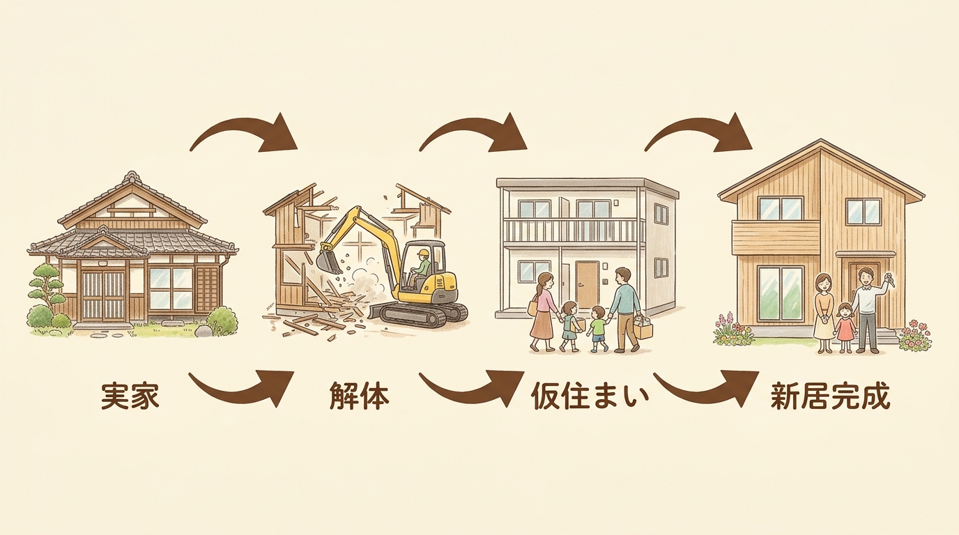 実家の建て替えの流れ(実家・解体・仮住まい・新居完成)の図解