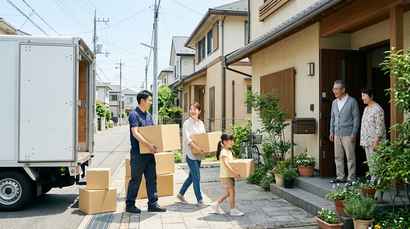 建て替え中の仮住まいへ引っ越しする家族