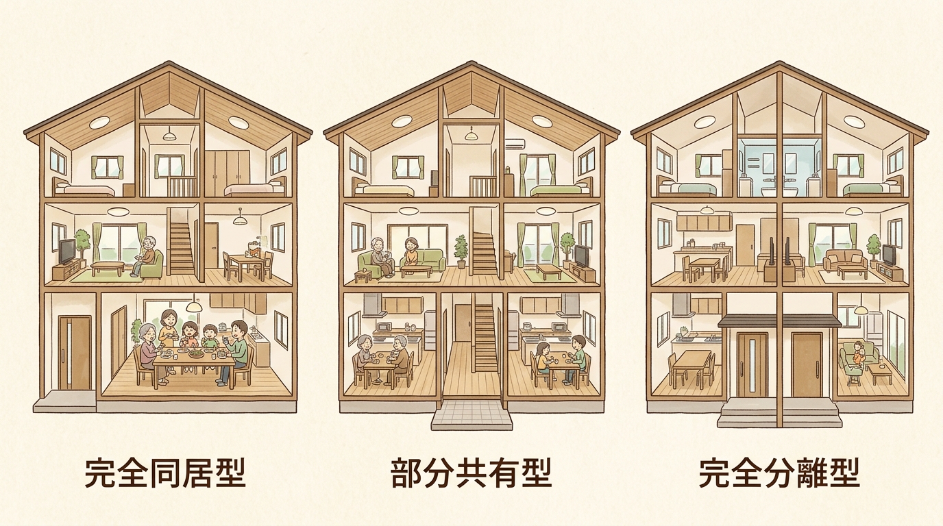 二世帯住宅の3タイプ(完全同居型・部分共有型・完全分離型)の比較イラスト